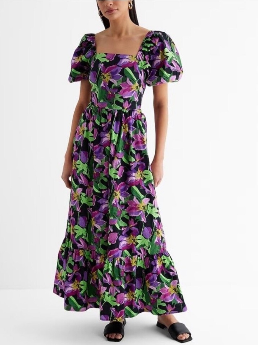Express Purple & Green Floral Square-Neck Puff Sleeve Maxi Dress